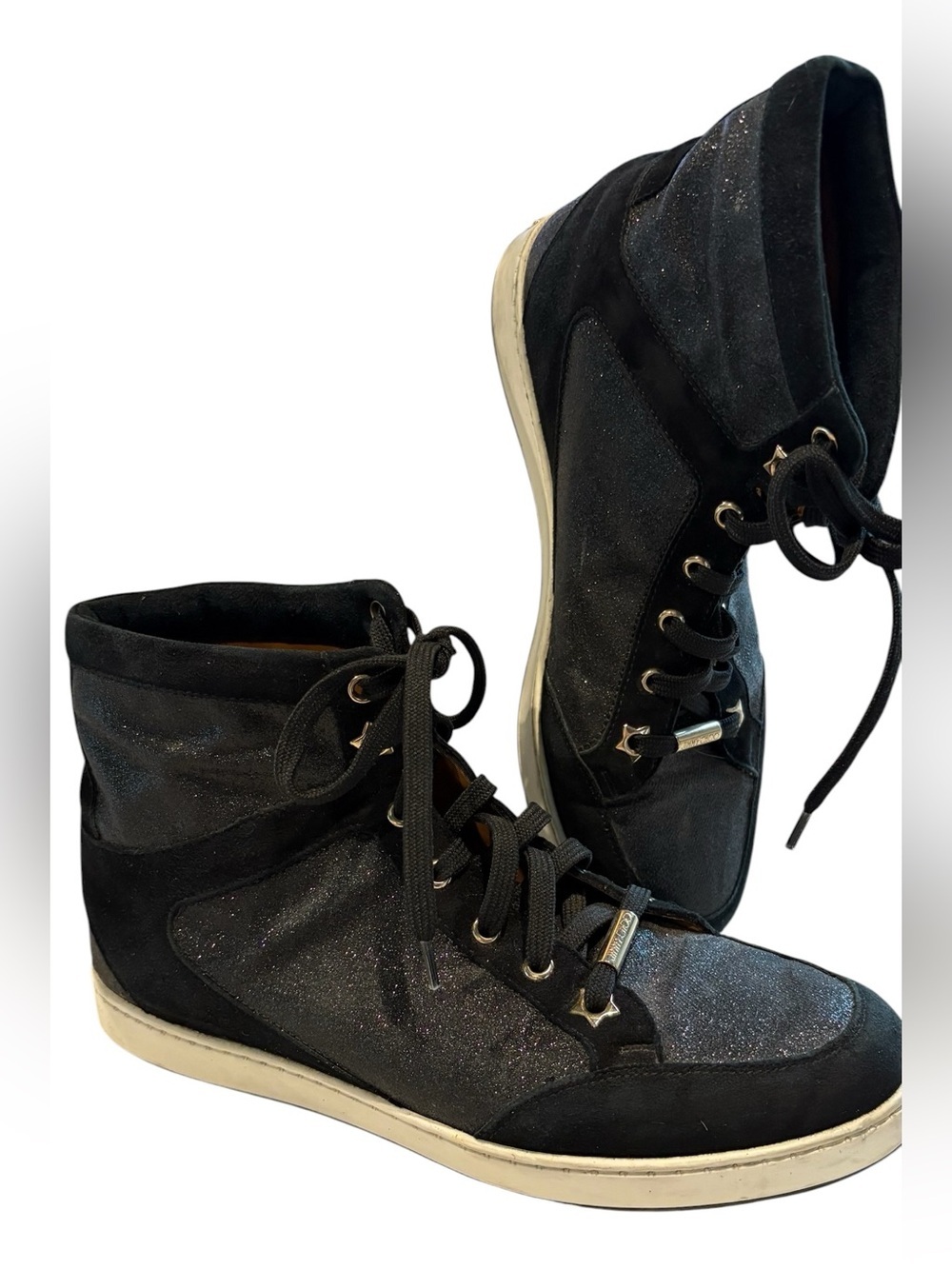 Jimmy Choo - Tokyo Sneakers, high Top suede and glitter Size EU 38 / US 8. Black